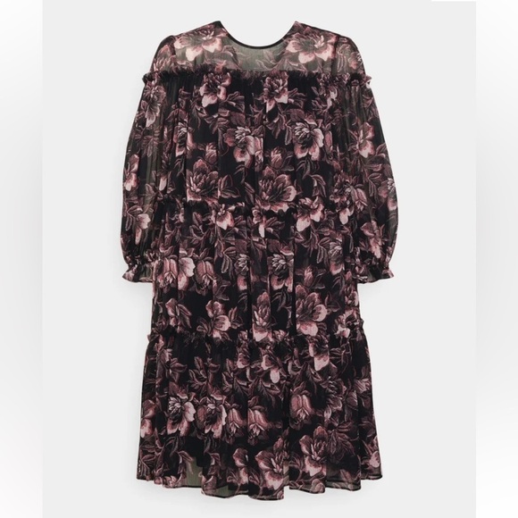 Ted Baker Mini Dress Size 8 Barnabe Black Floral Tiered Flounce Boho 3/4 Sleeves - Picture 3 of 9